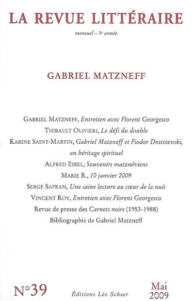 Couverture_Revue littéraire (La), n°39. Gabriel Matzneff