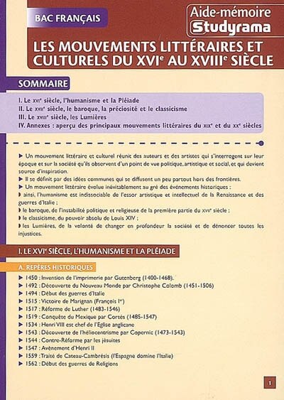 Front cover_Les mouvements littéraires et culturels du XVIe au XVIIIe siècle