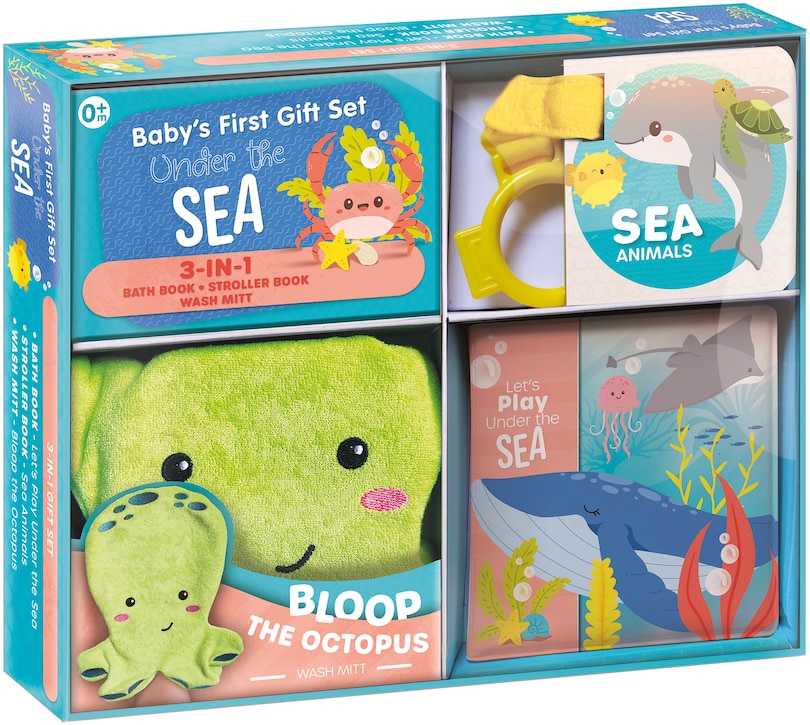 Front cover_Baby’s First Gift Set Under The Sea: Soft Baby Wash Mitt for Toddlers 1-3, Stroller Book, Waterproof Bath Books - Best Newborn Baby Gifts