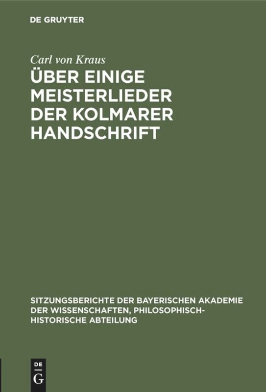 Front cover_Über Einige Meisterlieder Der Kolmarer Handschrift