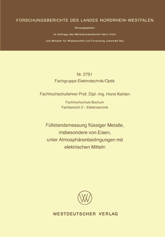 Front cover_Füllstandsmessung flüssiger Metalle, insbesondere von Eisen, unter Atmosphärenbedingungen mit elektrischen Mitteln