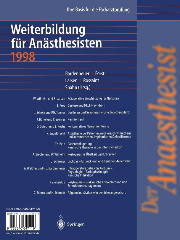Der Anaesthesist Weiterbildung Für Anästhesisten 1998: Ihre Basis Für Die Facharztprüfung