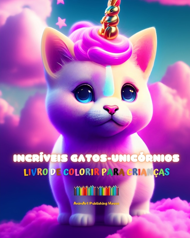Front cover_Incríveis gatos-unicórnios Livro de colorir para crianças Criaturas de fantasia adoráveis e cheias de amor
