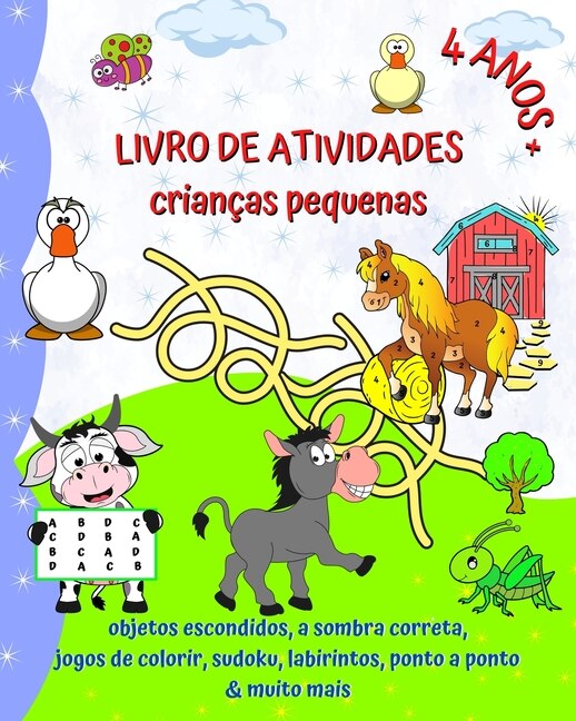 Livro de Atividades crianças pequenas 4 anos+: objetos escondidos, a sombra correta, jogos de colorir, sudoku, labirintos