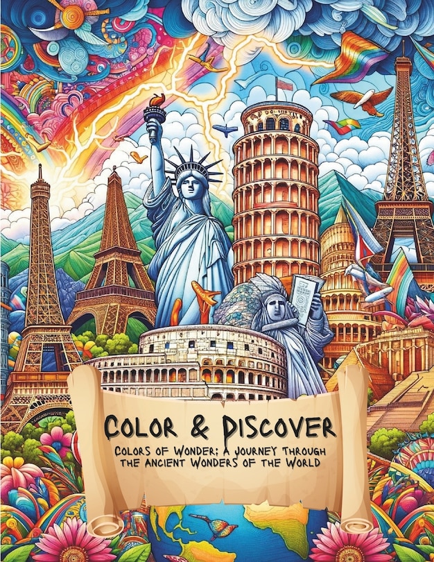 Color & Discover. Colors of Wonder: A Journey Through the Ancient Wonders of the World: Amazing Landmarks coloring book including the 7 wonders.