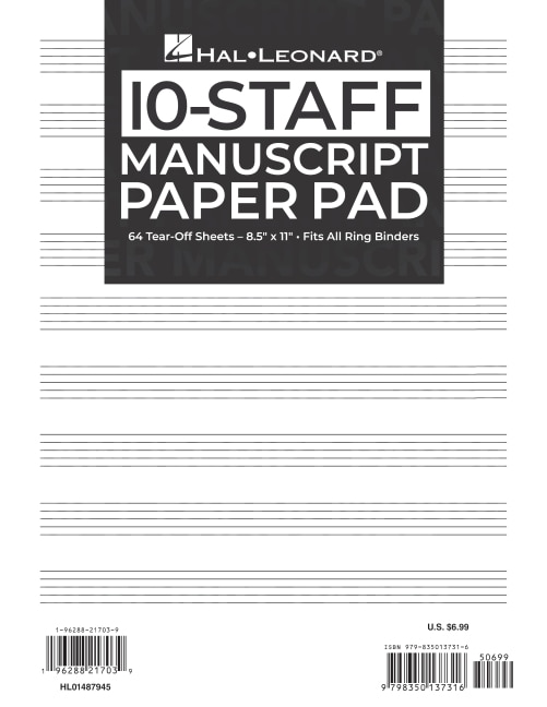 Front cover_Hal Leonard Manuscript Paper 10-Staff Paper Pad - 64 Tear-Off Sheets, Fits All Ring Binders