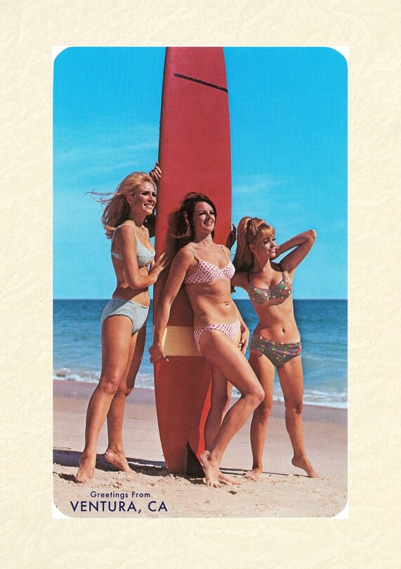 Front cover_Vintage Lined Notebook Three Woman Surfers in Bikinis Greetings from Ventura