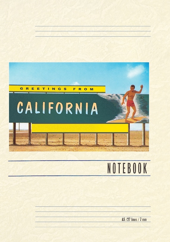 Front cover_Vintage Lined Notebook Greetings from California, Surfer on Billboard