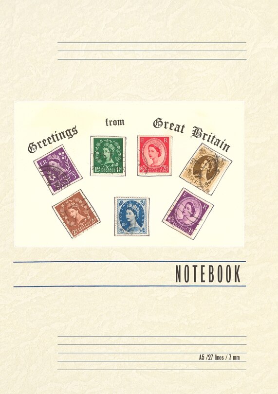 Front cover_Vintage Lined Notebook Greetings from Great Britain, Stamps