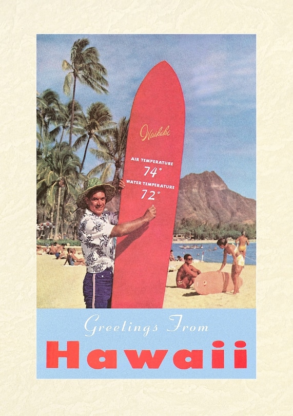 Front cover_Vintage Lined Notebook Greetings from Hawaii, Long Board with Temperatures