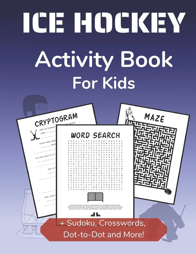 Ice Hockey Activity Book for Kids Cryptogram, Mazes, Word Search