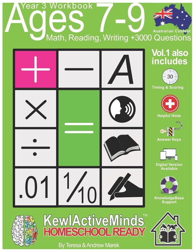 Front cover_Year 3 Workbook, Ages 7-9 Math, Reading, Writing - Vol1, +3000 Questions