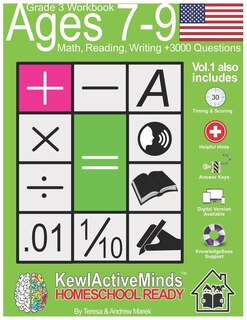 Front cover_Grade 3, Ages 7-9 Math, Reading, Writing Practice Workbook - Vol1, 3000 Questions