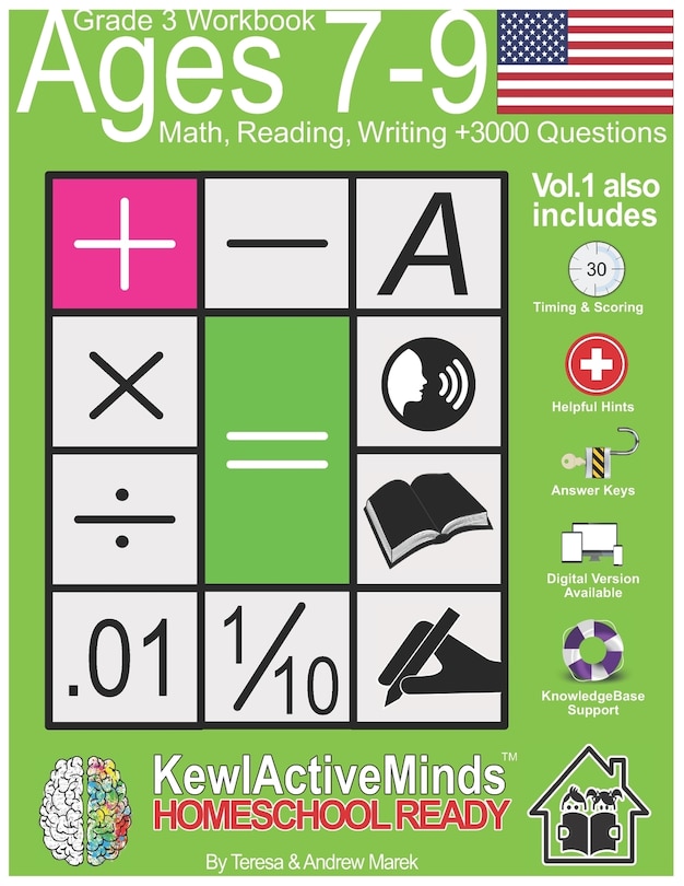 Front cover_Grade 3, Ages 7-9 Math, Reading, Writing Practice Workbook - Vol1, 3000 Questions