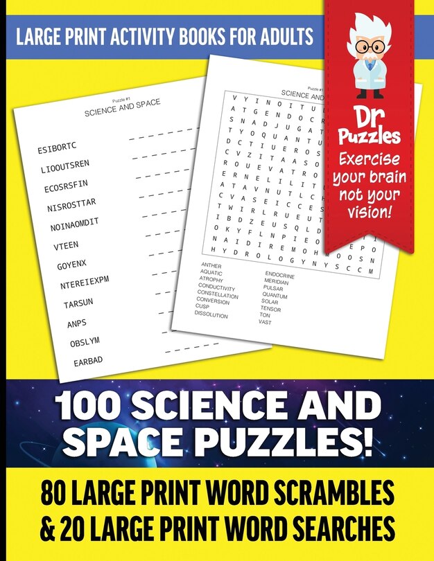 Front cover_Dr. Puzzles Science and Space Large Print Activity Book for Adults