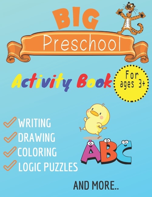 Front cover_big preschool activty book writing, drawing, coloring, logic puzzles and more