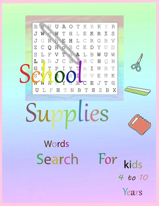 Front cover_School Supplies word search for kids 4 to 10 Years