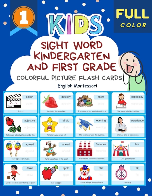 Sight Word Kindergarten and First Grade Colorful Picture Flash Cards English Montessori: Learning to read basic vocabulary card games. Improve reading comprehension with short sentences kids books for kindergarteners