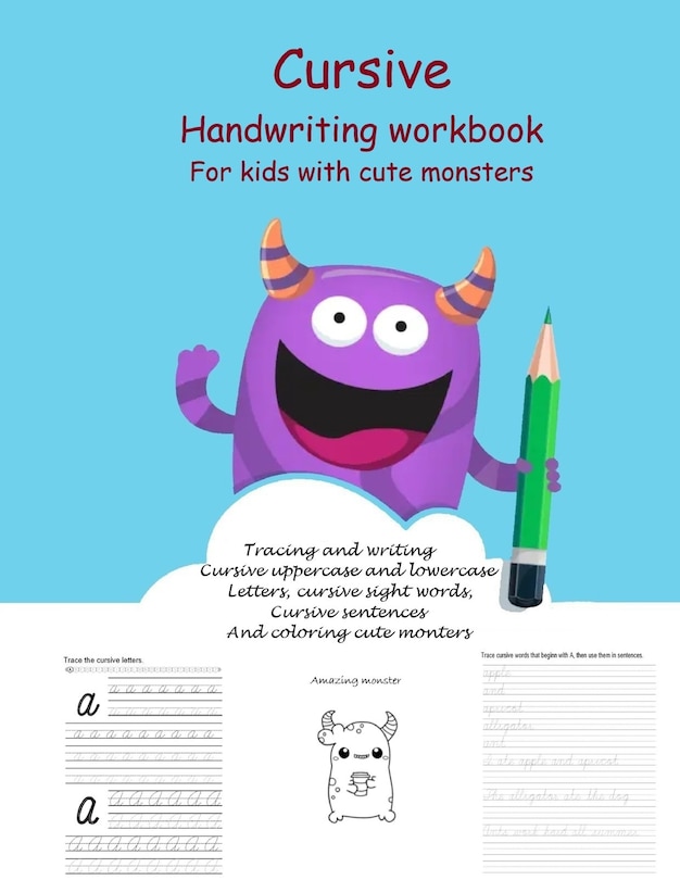 Front cover_Cursive Handwriting Workbook For kids With cute monsters
