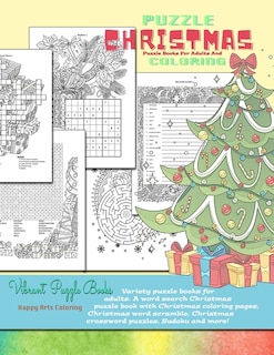 Front cover_CHRISTMAS puzzle books for adults and coloring. Variety puzzle books for adults. A word search Christmas puzzle book with Christmas coloring pages, Christmas word scramble, Christmas crossword puzzles, Sudoku and more!