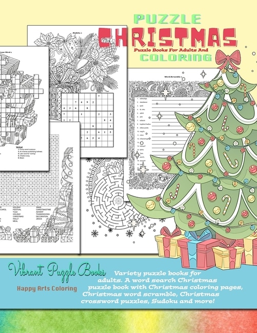 Front cover_CHRISTMAS puzzle books for adults and coloring. Variety puzzle books for adults. A word search Christmas puzzle book with Christmas coloring pages, Christmas word scramble, Christmas crossword puzzles, Sudoku and more!