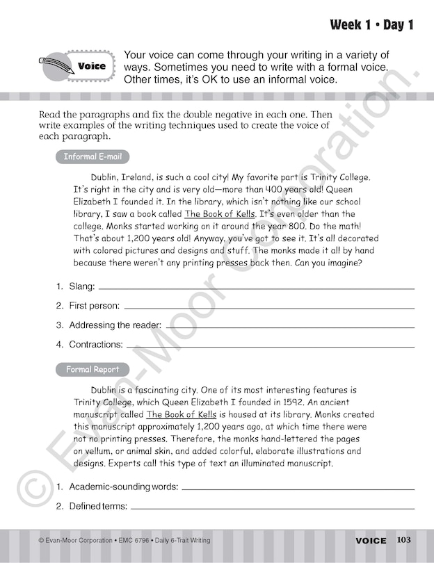 Aperçu du contenu_Daily 6-Trait Writing, Grade 6 Student Edition Workbook(5-pack)