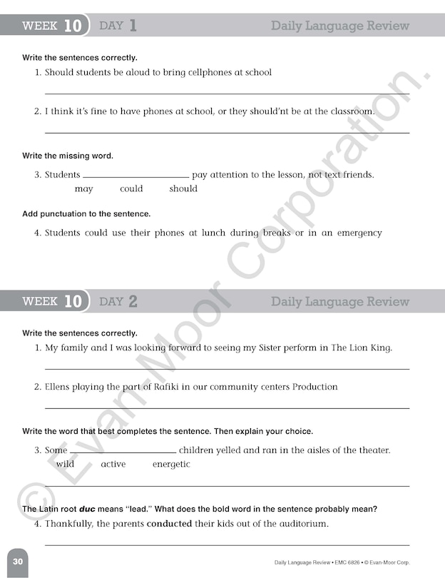 Aperçu du contenu_Daily Language Review, Grade 6 Student Edition Workbook