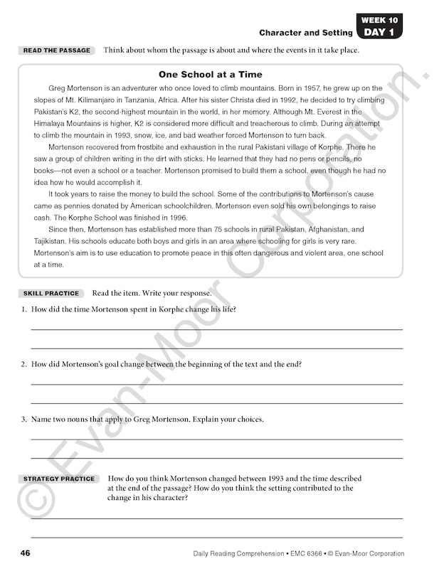 Aperçu du contenu_Daily Reading Comprehension, Grade 6 Student Edition Workbook (5-pack)