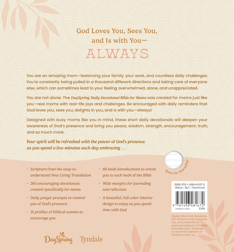 Back cover_Dayspring Daily Devotional Bible for Moms, NLT (Leatherlike, Camel)