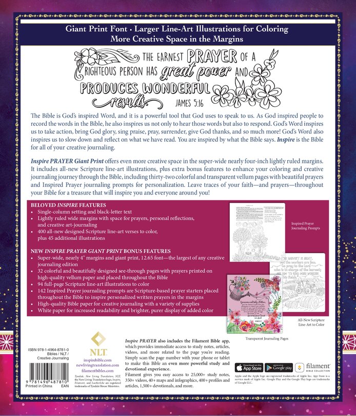 Back cover_Inspire Prayer Bible Giant Print Nlt, Filament Enabled (Leatherlike, Purple)