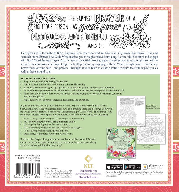 Back cover_Inspire Prayer Bible Nlt, Filament Enabled (Leatherlike, Joyful Colors with Gold Foil Accents)