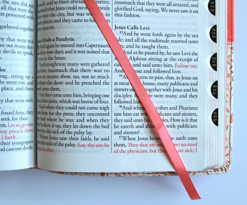 Sample content_KJV Holy Bible, Large Print Handy Size format, 2 Piece Pink Floral Leathersoft with Ribbon Marker, Red Letter, Thumb Index