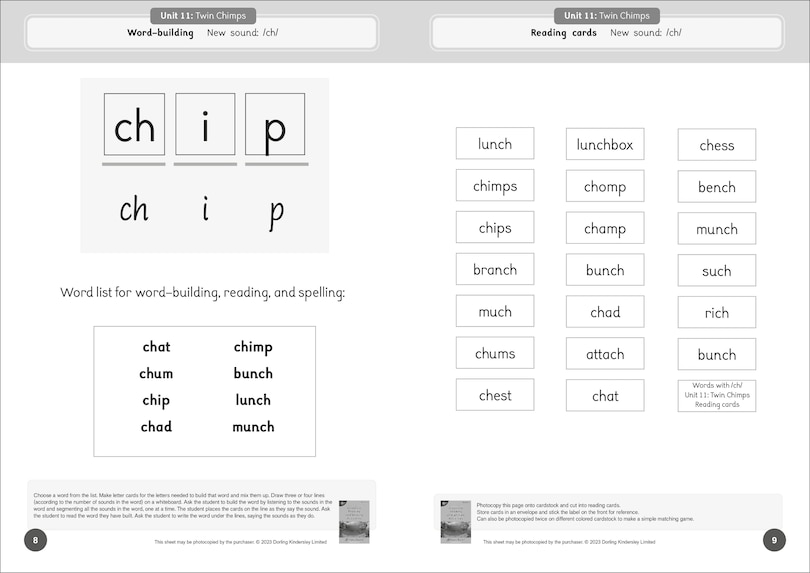 Aperçu du contenu_Phonic Books Dandelion Readers Reading and Writing Activities Set 2 Units 11-20 Twin Chimps (Two Letter Spellings sh, ch, th, ng, qu, wh, -ed, -ing, -le)