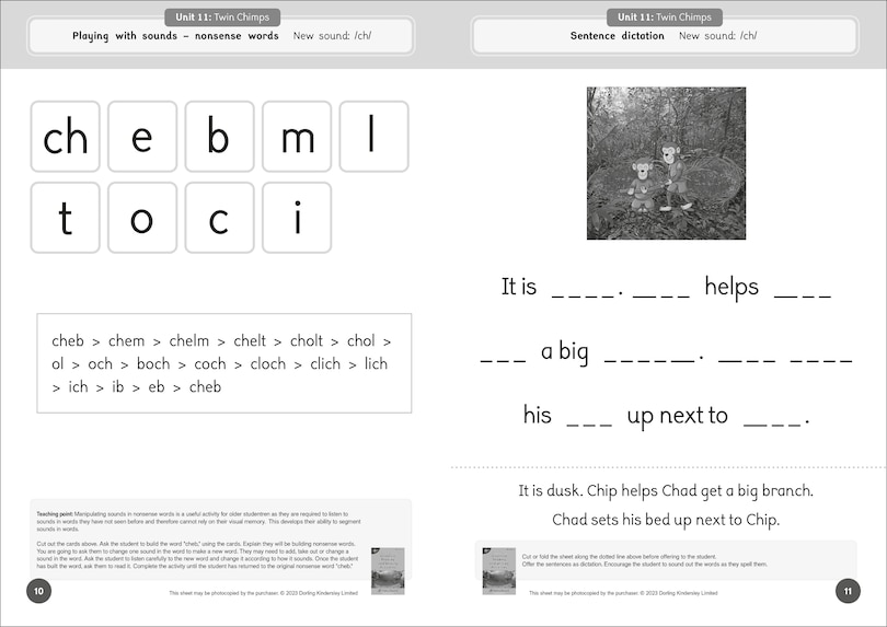 Aperçu du contenu 2_Phonic Books Dandelion Readers Reading and Writing Activities Set 2 Units 11-20 Twin Chimps (Two Letter Spellings sh, ch, th, ng, qu, wh, -ed, -ing, -le)