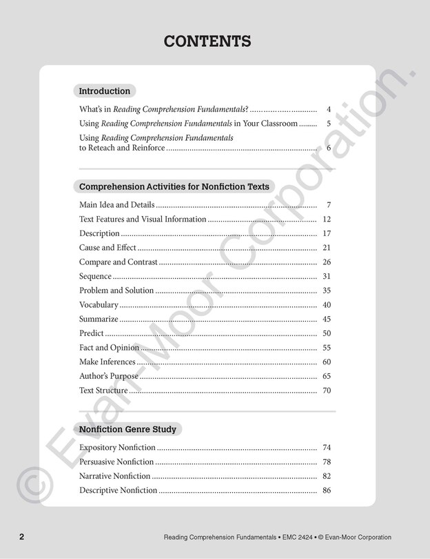 Aperçu du contenu_Reading Comprehension Fundamentals, Grade 4 Teacher Resource