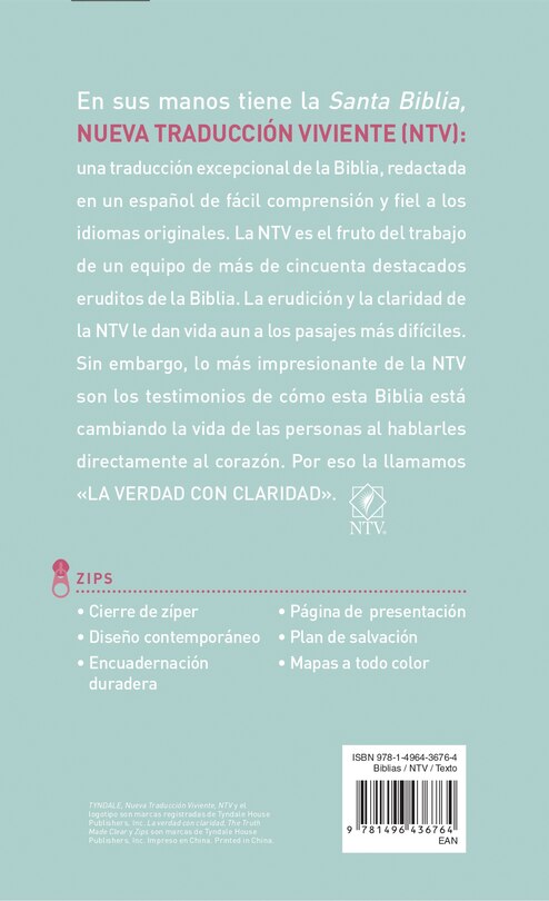 Couverture arrière_Santa Biblia NTV, Edición zíper, Jardín (Tela)