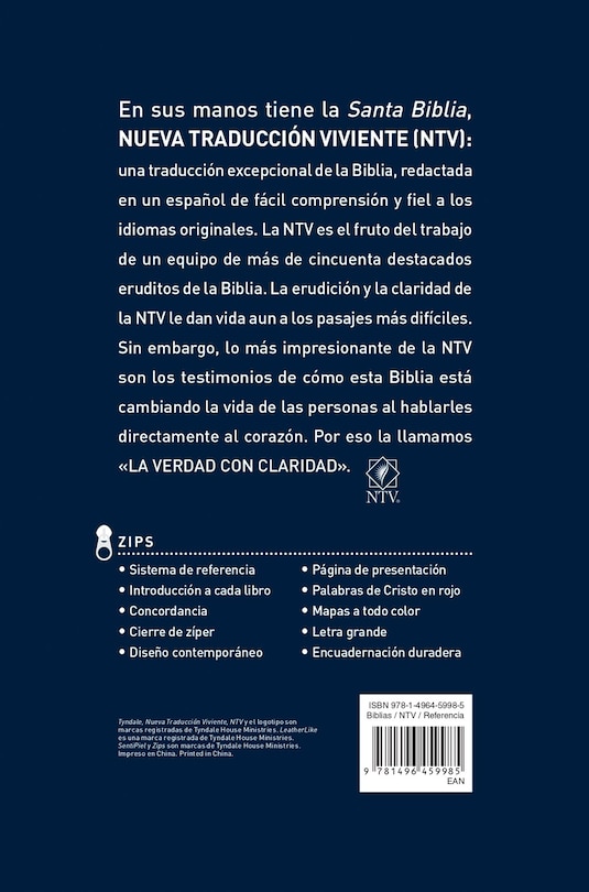 Back cover_Santa Biblia NTV, Edición zíper con referencias, letra grande (SentiPiel, Azul, Letra Roja)