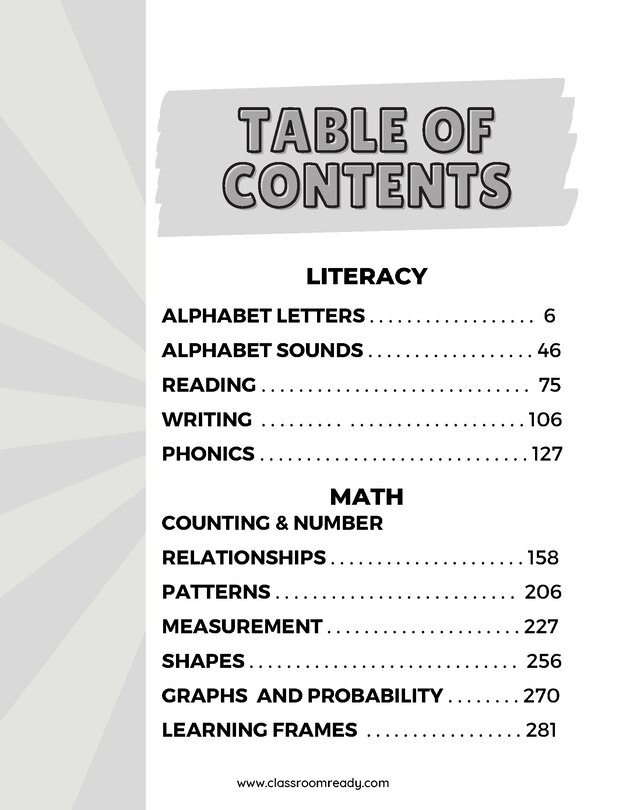 Table of contents_The Classroom Ready Activity Book: Kindergarten, Ontario Curriculum Edition
