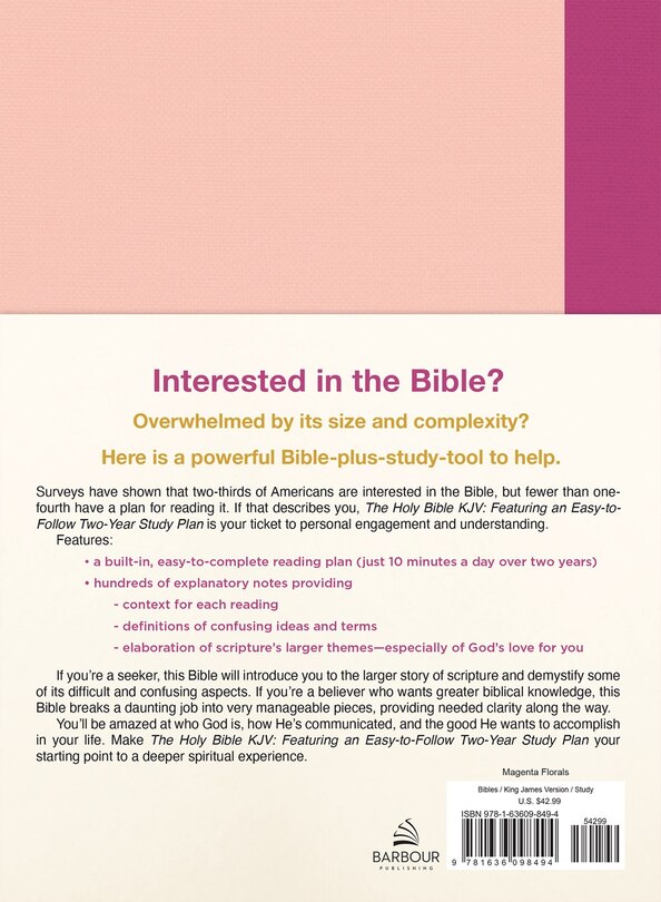 Couverture arrière_The Holy Bible KJV: Featuring an Easy-to-Follow Two-Year Study Plan [Magenta Florals]