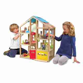 Melissa & Doug Hi-Rise Wooden Dollhouse With 15 pcs Furniture, Garage and Working Elevator