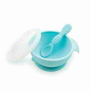 Bumkins Silicone First Feeding Set with Lid & Spoon, Blue