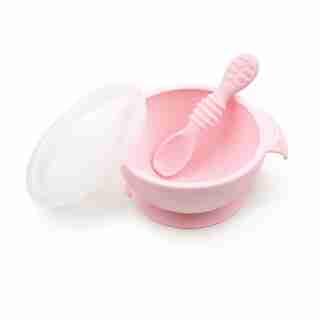 Bumkins First Feeding Set with Suction Bowl, Lid, Spoon 100% Silicone Pink