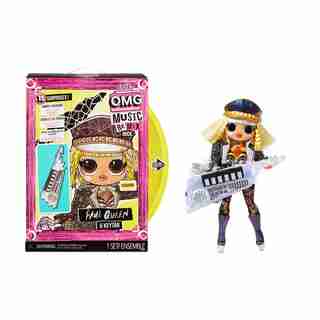 Poupée-mannequin LOL Surprise OMG Remix Rock, Fame Queen, avec 15 surprises incluant un keytar, une tenue, des chaussures, une brosse à cheveux, un socle de poupée, un magazine de paroles et un emballage de style tourne-disque