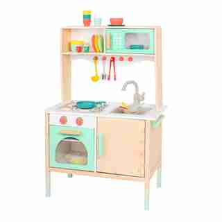 CUISINETTE DE JEU EN BOIS AVEC BATTERIE DE CUISINE ET VAISELLE