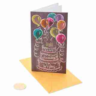 CARTE DE BONNE FÊTE GÂTEAU TABLEAU À CRAIE ET BALLONS
