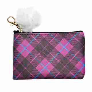 Yoobi™ Flat Coin Purse with Keychain Pom Pom Purple Plaid