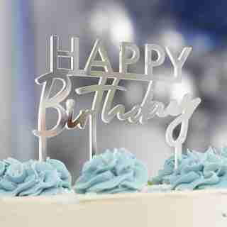 Happy Birthday Cake Topper, Silver