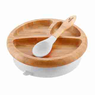Avanchy - Stay Put Baby Bamboo Suction Plate + Spoon - White