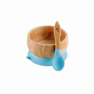 AVANCHY STAY-PUT BABY BAMBOO SUCTION BOWL+SPOON, BLUE