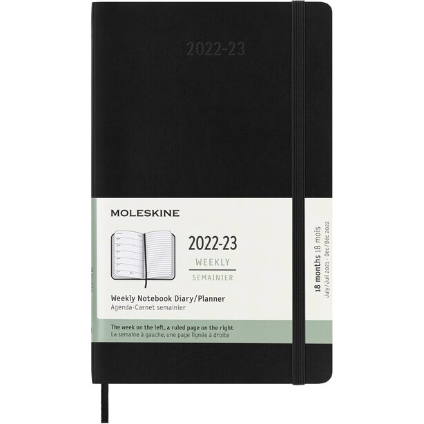 2023 Weekly Notebook Planner, 18M, Large, Black, Soft Cover by
